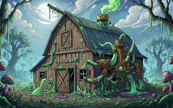 4K Ultra HD PC desktop wallpaper/background: a rustic barn overrun by glowing green tentacles and bioluminescent fungi in a foggy, moonlit swamp.