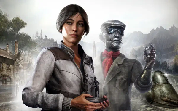 Syberia video game 4K Ultra HD PC desktop wallpaper showing the female protagonist holding a mechanical bird beside a clockwork automaton, misty town and waterfalls in the background.