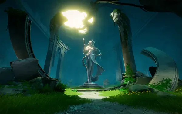 HD PC desktop wallpaper and background from the Duet Night Abyss video game: a luminous statue levitates in moonlit ruins, framed by broken pillars, overgrown grass, and a deep blue sky.