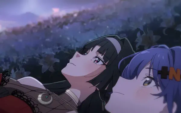 Video game Zenless Zone Zero 4K PC wallpaper: Astra Yao and Belle lie side-by-side gazing up through night foliage, a serene cinematic desktop background.