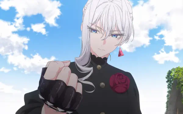 Anime 4K Ultra HD PC desktop wallpaper: Scarlett El Vandimion from May I Ask for One Final Thing? — white-haired woman in black uniform with a red rose, gloved fist raised under a bright blue sky.