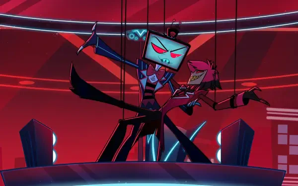 HD PC desktop wallpaper from the TV show Hazbin Hotel, showing Vox and Alastor striking a theatrical pose on a neon-red stage background.