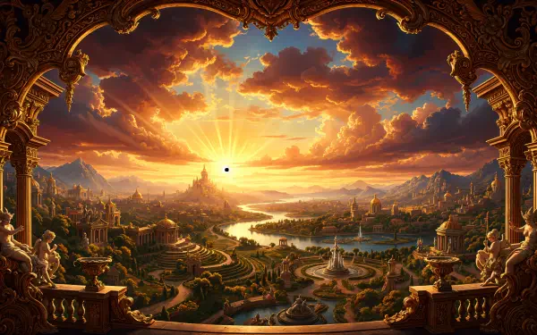 4K Ultra HD PC desktop wallpaper — ornate framed vista of a golden sunrise over a winding river, lush valley and distant castle, warm light spilling through dramatic clouds.