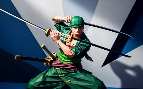 Roronoa Zoro in green kimono and bandana, three swords poised in a dynamic stance amid bold shadows and angular shading — 4K Ultra HD PC desktop wallpaper/background.