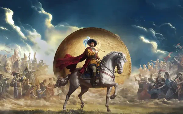 Europa Universalis V 2K Quad HD PC desktop wallpaper: medieval commander on horseback before a golden sun disk, flanked by armies and banners under stormy clouds.