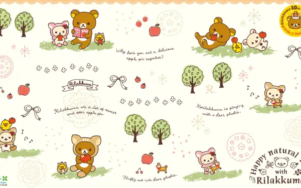 HD PC desktop wallpaper background: San-X Rilakkuma and friends in a pastel picnic scene with trees, apples, bows and handwritten-style accents.
