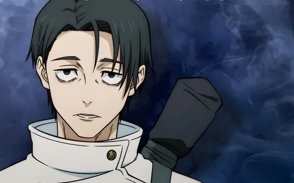 Anime 2K Quad HD desktop wallpaper of Yuta Okkotsu from Jujutsu Kaisen, calm expression in a white uniform with a sword case over his shoulder against a smoky blue background.