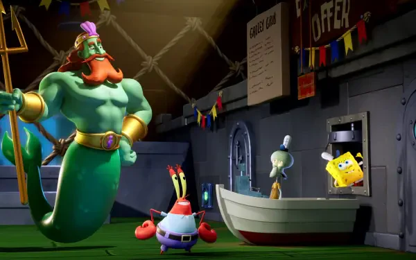 HD PC wallpaper from the video game SpongeBob SquarePants: Titans of the Tide — King Neptune looms as Mr. Krabs, Squidward and SpongeBob react inside a nautical room.