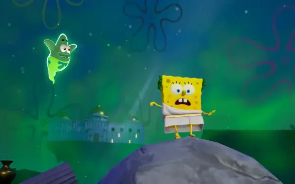 HD PC desktop wallpaper from the video game SpongeBob SquarePants: Titans of the Tide — SpongeBob atop a rock in ancient garb beneath a ghostly green sky with a floating spirit.