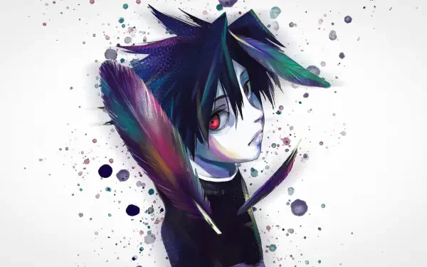 HD desktop wallpaper of Shun Uruma from the manga Juujika no Rokunin: stylized anime boy with dark spiky hair, a red eye, and vibrant painterly splashes surrounding him.
