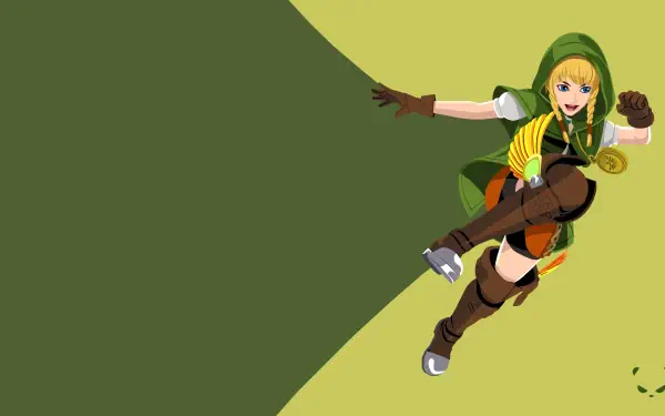 4K Ultra HD PC desktop wallpaper of Linkle from the video game Hyrule Warriors Legends, leaping in a green outfit against a minimalist two-tone green background.