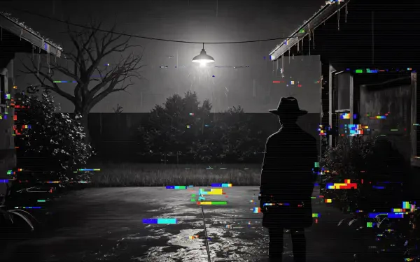 4K Ultra HD PC desktop wallpaper: moody backyard at night, silhouetted figure beneath a single hanging light, wet pavement, bare tree and digital glitch color artifacts.