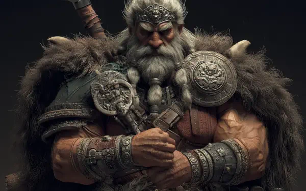 Muscular Viking barbarian in medieval knight armor and fur cloak, braided beard and axe — 2K Quad HD PC desktop wallpaper background.
