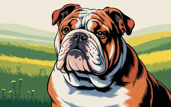 4K Ultra HD PC desktop wallpaper of a stylized English bulldog portrait against rolling green hills and a pale sky.