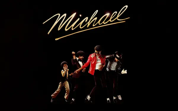 4K Ultra HD PC desktop wallpaper for the movie Michael (2026): gold scripted Michael above a montage of a dancer in a red jacket striking multiple poses on a black background.