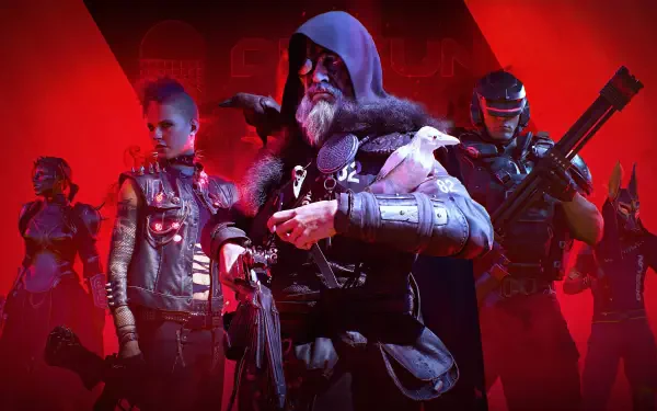 4K Ultra HD PC desktop wallpaper of the video game The Finals: red-lit team of armed characters led by a hooded, bearded leader with a white dove against a crimson backdrop.