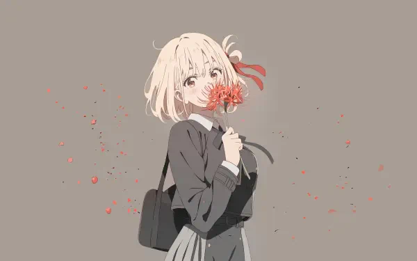 日漫-style short-haired schoolgirl holds a red flower to her mouth, petals drifting across a muted gray backdrop — 4K Ultra HD PC desktop wallpaper background.