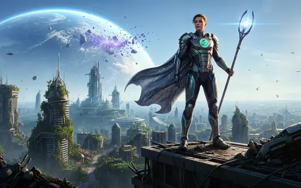 Hero stands on a rooftop above a futuristic overgrown city with spires and a distant planet, holding a glowing staff and wearing a luminous chest emblem — 4K Ultra HD desktop wallpaper background.