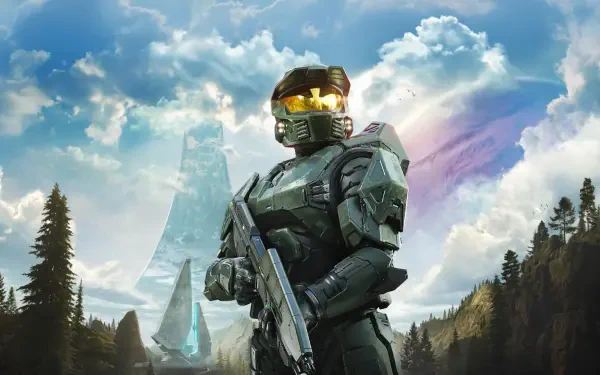 Master Chief from Halo: Combat Evolved (2026) 4K Ultra HD PC desktop wallpaper background: Spartan in armor holding a rifle before a Halo ring and forested landscape.