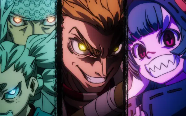 Anime Gachiakuta HD PC desktop wallpaper/background: three intense characters in split panels — teal-haired fighter, a grinning man with glowing yellow eyes, and a purple-haired girl baring sharp teeth.
