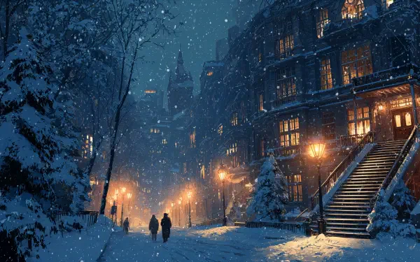 4K Ultra HD PC desktop wallpaper and background: winter night snowing scene — night snow blankets a street lined with warm-lit townhouses, glowing lamps, trees and two figures walking.
