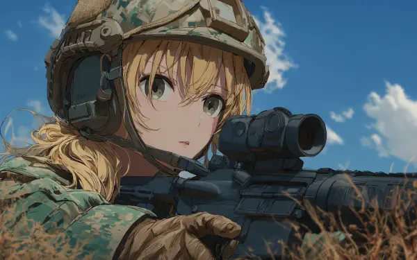4K Ultra HD PC desktop wallpaper of an anime girl in military camouflage and helmet aiming a scoped rifle against a blue-sky background — military anime style.