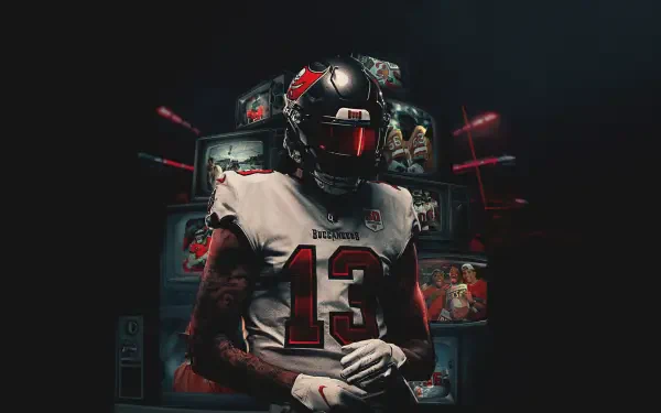 HD desktop wallpaper of a Tampa Bay Buccaneers NFL player in #13 jersey and helmet, standing in dramatic backlight before stacked retro TV screens, football-themed background.