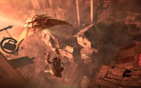 HD PC desktop wallpaper from the video game Styx: Blades of Greed — the goblin thief Styx glides on a makeshift wing over a sunlit, ramshackle cliffside city of wooden platforms.