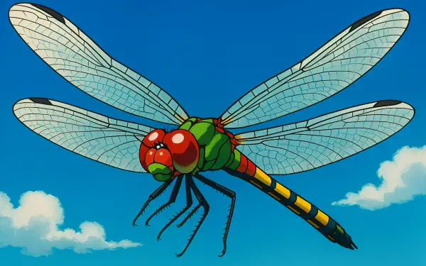 4K Ultra HD PC desktop wallpaper and background: stylized dragonfly with red eyes, green body and yellow-black striped tail, translucent veined wings against a bright blue sky with white clouds.