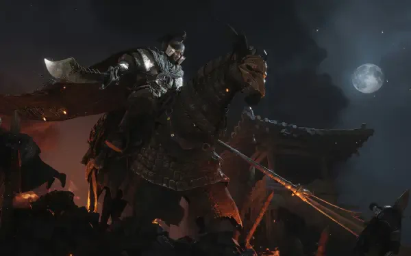 4K Ultra HD PC wallpaper: RPG video game Where Winds Meet screenshot of an armored rider on a warhorse, flaming blade and tattered banners under a moonlit sky.