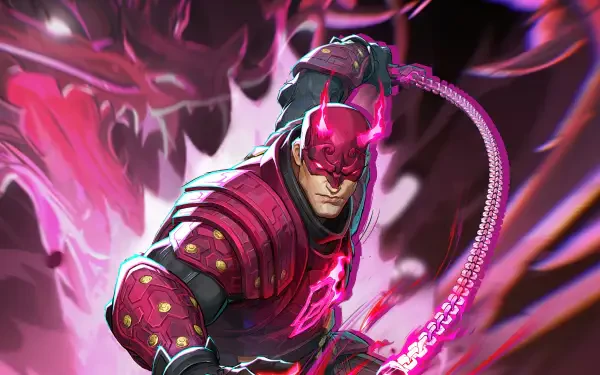 Vibrant purple-hued Marvel Rivals 4K desktop wallpaper of armored Daredevil lunging forward, billy club extended amid glowing motion streaks and shadowy monstrous shapes.