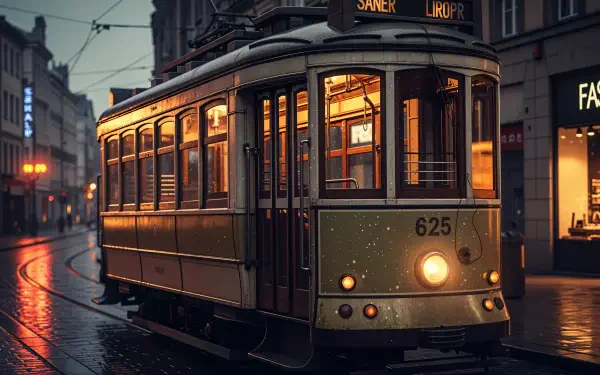 Vintage tram 625 on a wet cobblestone street at dusk, warm interior lights glowing — 4K Ultra HD PC desktop wallpaper/background