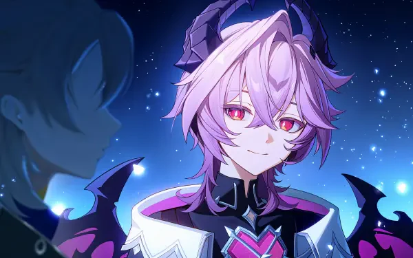 4K Ultra HD PC desktop wallpaper of Durin (Genshin Impact), a video game character with lilac hair, crimson eyes and small horns against a starry blue background.