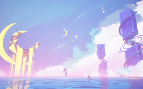 Dreamlike pastel HD PC desktop wallpaper from the video game Dead as Disco: lone figure standing on reflective water beneath crescent moons and surreal pastel towers.