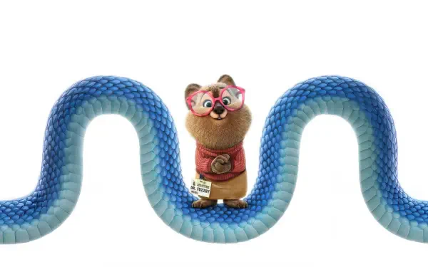 Zootopia 2 5K Ultra HD PC desktop wallpaper: small bespectacled animated mammal in a scarf stands atop a sinuous blue scaled ribbon against a white background.