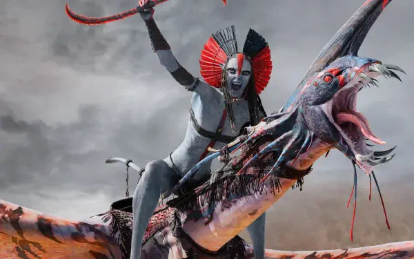 Avatar: Fire and Ash — blue-skinned warrior with red fan headdress riding a snarling, winged creature and wielding a flaming whip; 5K Ultra HD PC desktop wallpaper/background.