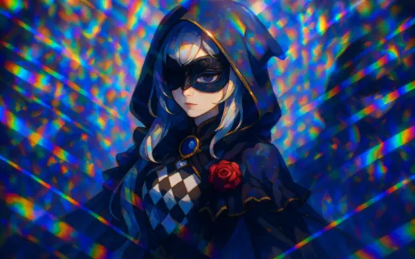 4K Ultra HD PC desktop wallpaper of a masked, hooded woman in a dark cloak with harlequin chest, a red rose brooch, and prism-like light shards scattering across a blue backdrop.