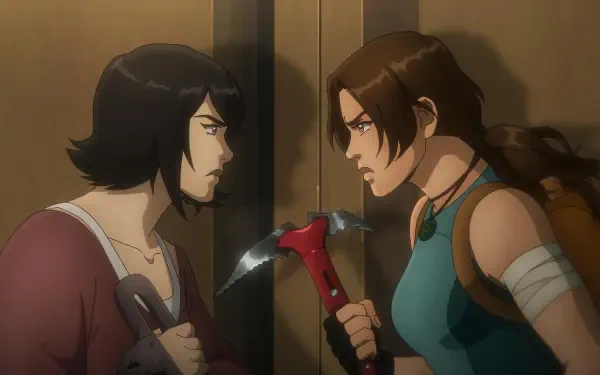 HD PC desktop wallpaper for the TV show Tomb Raider: The Legend of Lara Croft — animated close-up of Lara and another woman in a tense standoff, Lara gripping a climbing axe.