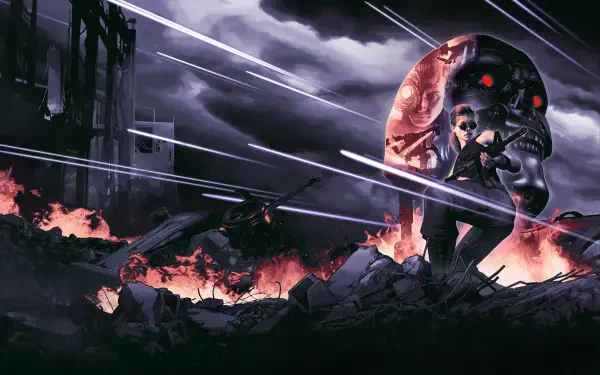 2K Quad HD PC desktop wallpaper: 2D video-game Terminator 2D NO FATE — a T-800 with a glowing red eye advances through fiery, rubble-strewn battlefield as gunfire streaks across a stormy sky.