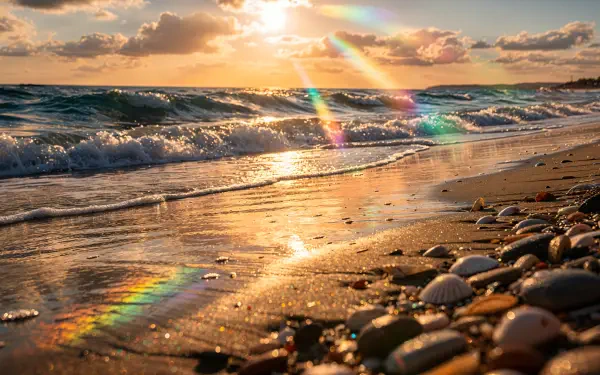 4K Ultra HD PC desktop wallpaper and background: sunlit shoreline with pebbles and shells, gentle waves and golden sunset rays reflecting on wet sand.