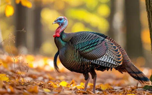 4K Ultra HD PC desktop wallpaper of a turkey (bird) standing on an autumn forest floor, iridescent feathers amid fallen golden leaves with a soft, blurred woodland background.