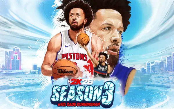 NBA 2K26 Quad HD PC wallpaper: stylized Detroit Pistons point guard holding a basketball, large portrait, city skyline background and Season 9 logo.