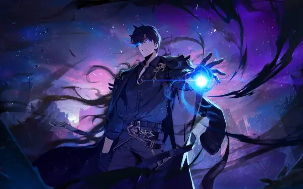 4K Ultra HD desktop wallpaper: Sung Jin‑Woo (Solo Leveling: ARISE) in purple anime lighting, cloaked in shadows and casting a glowing blue spell.