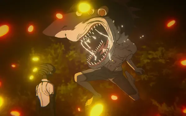 Anime 2K Quad HD PC desktop wallpaper: Chainsaw Man — Beam the shark-devil lunges with gaping jaws at Reze amid glowing embers and a dark forest background.