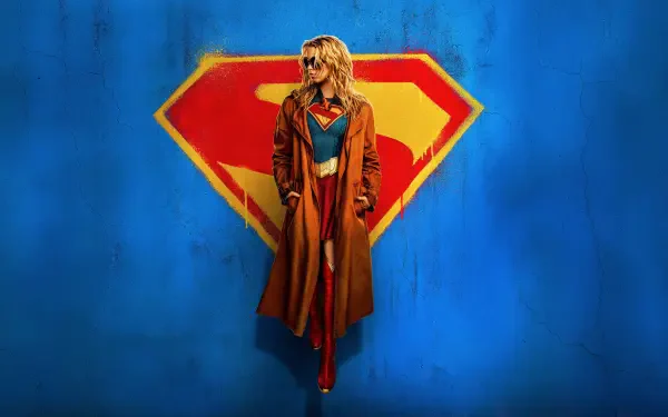 Supergirl (2026) 4K Ultra HD PC wallpaper: Supergirl in a brown trench coat posed against a bold red-and-yellow S emblem on a textured blue background.