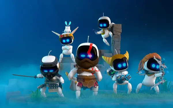 HD PC desktop wallpaper featuring a crossover lineup from the video game Astro Bot Rescue Mission — six cute, helmeted robots posed on a misty blue background.