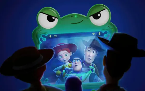 Toy Story 5 4K Ultra HD PC desktop wallpaper/background: silhouetted toys watch a glowing frog-shaped screen showing Woody, Buzz, and Jessie.