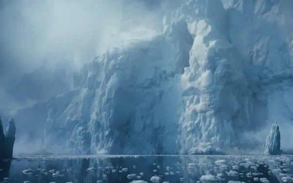 Fantasy iceberg and towering frozen mountain landscape in misty blue hues, HD PC desktop wallpaper and background.