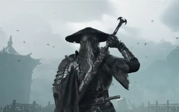 HD PC wallpaper from video game Phantom Blade Zero: lone samurai in straw hat and armor, sword slung over shoulder, standing against a misty pagoda skyline with circling birds.