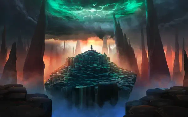 2K Quad HD PC desktop wallpaper: fantasy landscape of a lone warrior on a rocky citadel amid a swirling green storm, towering spires and mist-filled chasms.